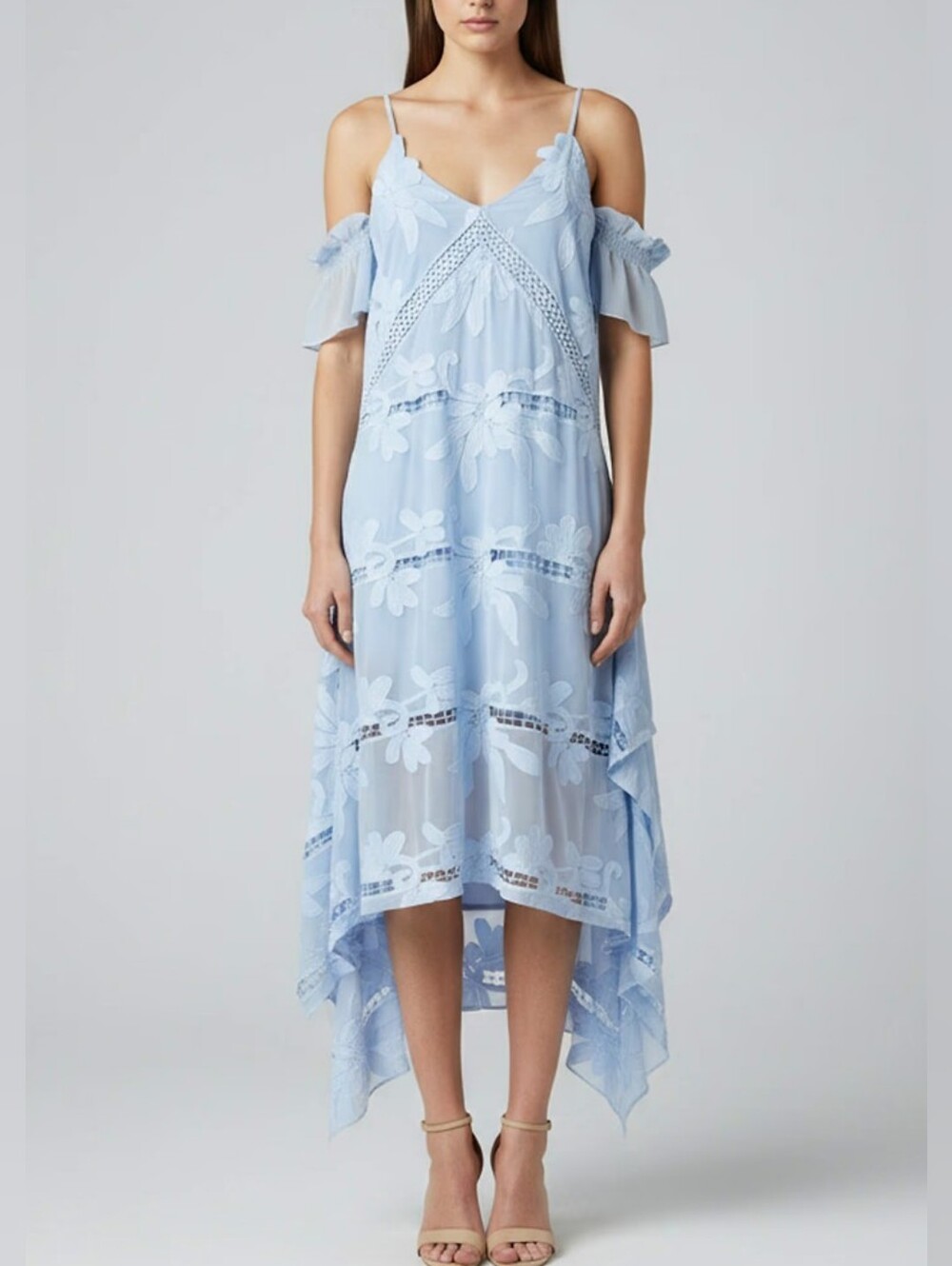 Self-Portrait Lilac Blue Guipure Lace Cold-shoulder Midi Dress